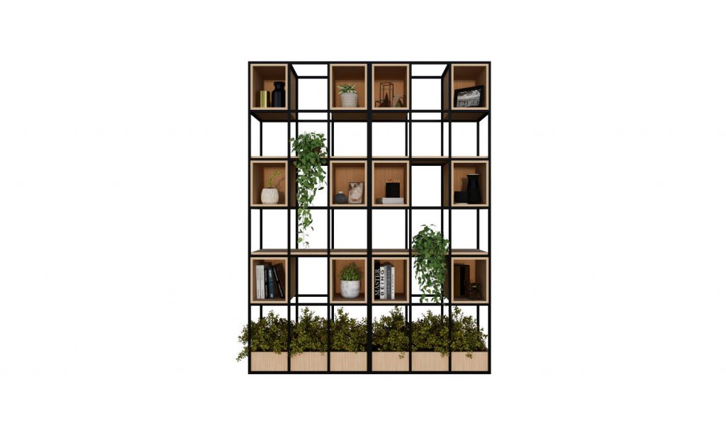 room divider with storage and planter