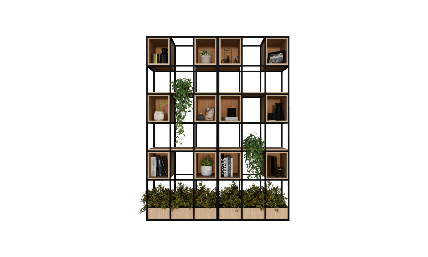 room divider with storage and planter