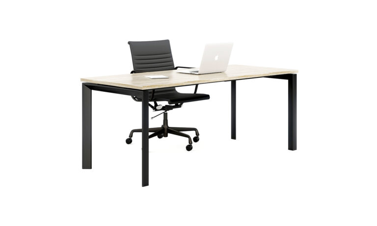 3/4 side view of black Energy desk module with task seat and laptop