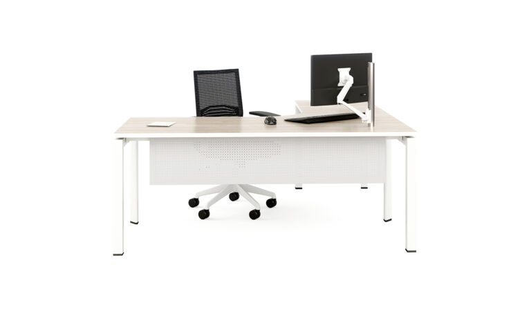 Front view of white Energy corner desk module with task seat and computer