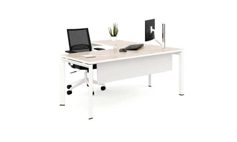 3/4 side front view of white Energy corner desk module with task seat and computer