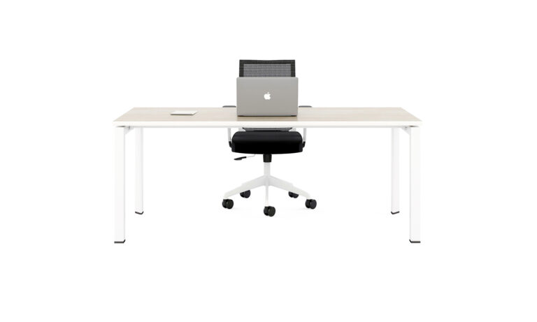 Front view of white Energy desk module with task seat and laptop