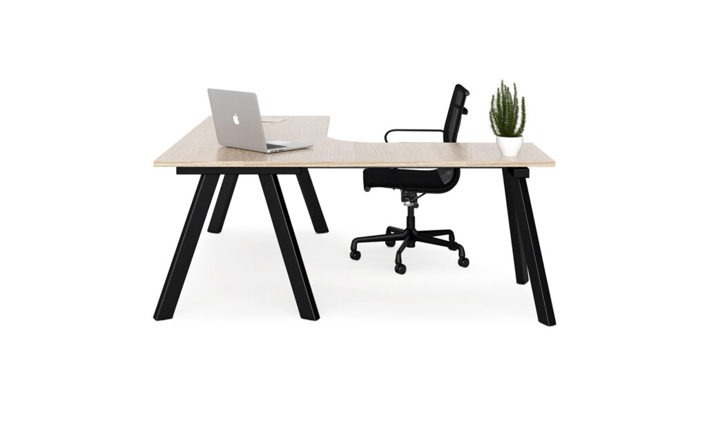 Side view of black Envy corner desk module with task seat and laptop