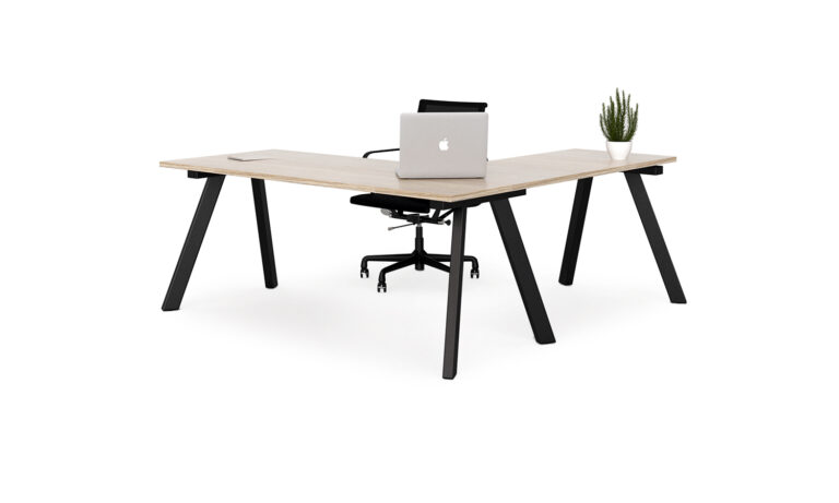 3/4 side front view of black Envy corner desk module with task seat and laptop
