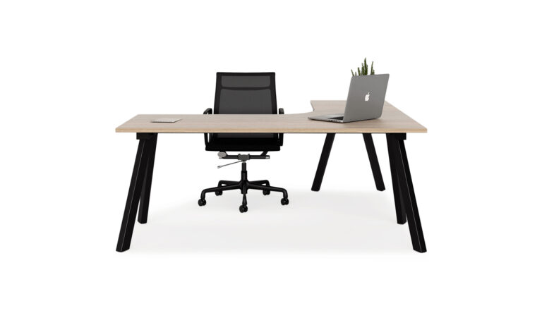 Front view of black Envy corner desk module with task seat and laptop