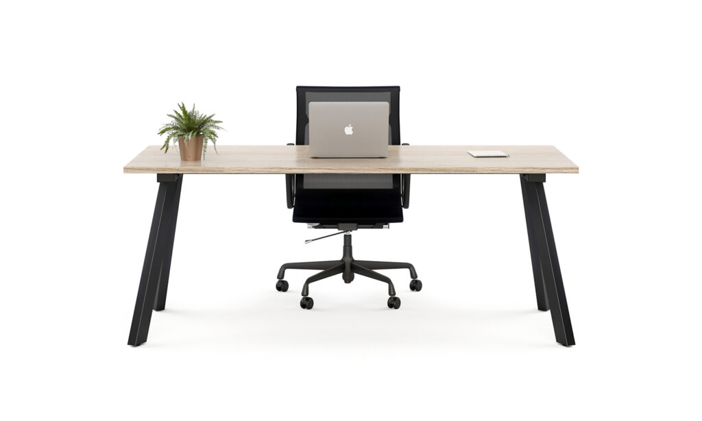 Front view of black Envy desk module with task seat and laptop