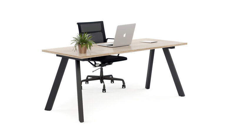 3/4 side front view of black Envy desk module with task seat and laptop