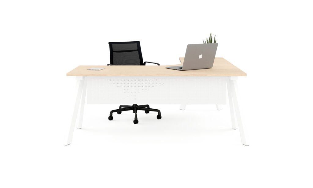Front view of the white Envy corner desk module
