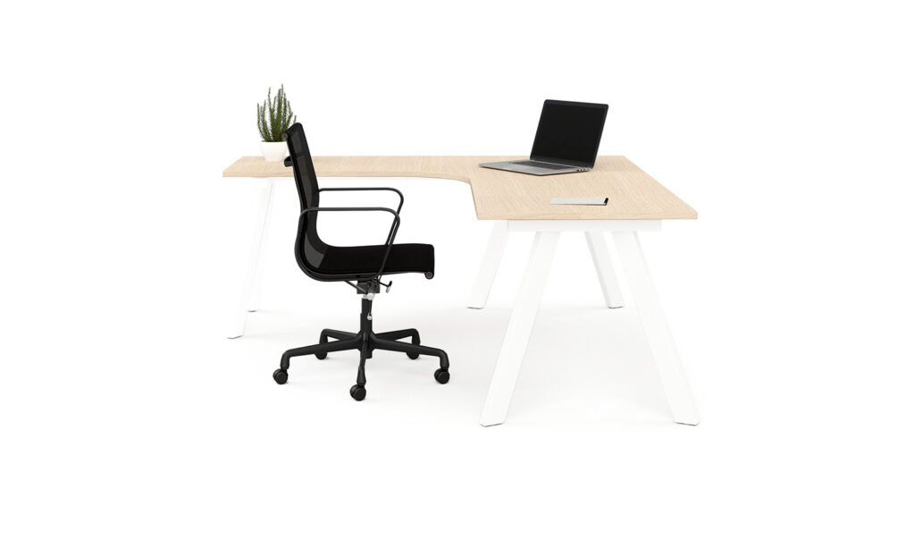 Side front view of the white Envy corner desk module