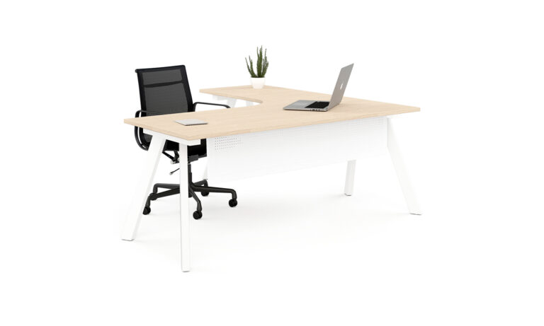 3/4 side front view of the white Envy corner desk module