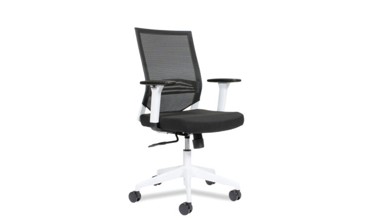 3/4 side front view of Black Barrett task chair with white base and arm rest