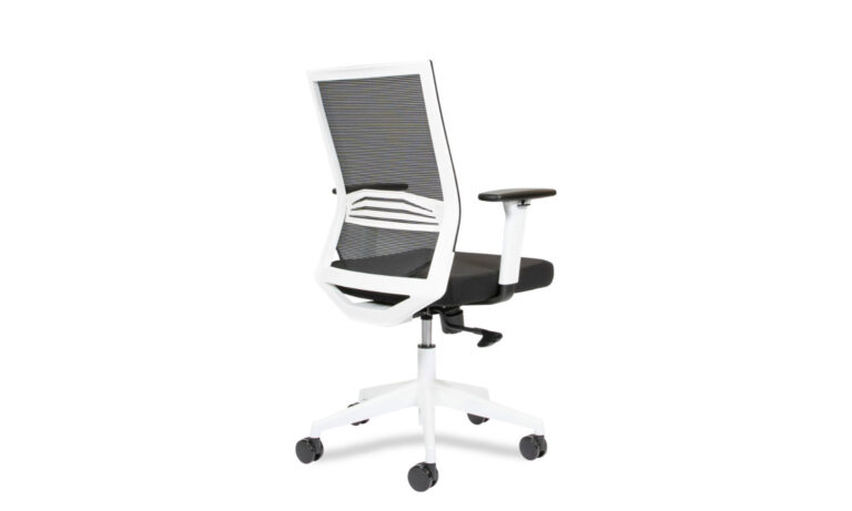 3/4 side back view of Black Barrett task chair with white base and arm rest
