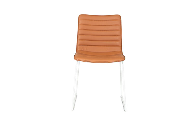 Front of an orange faux leather Paige Sled meeting chair