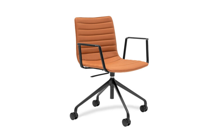 3/4 side front view of an orange faux leather Paige Swivel executive meeting chair, with arm rest