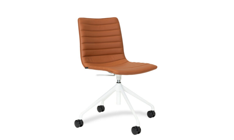 3/4 side front view of an orange faux leather Paige Swivel executive meeting chair