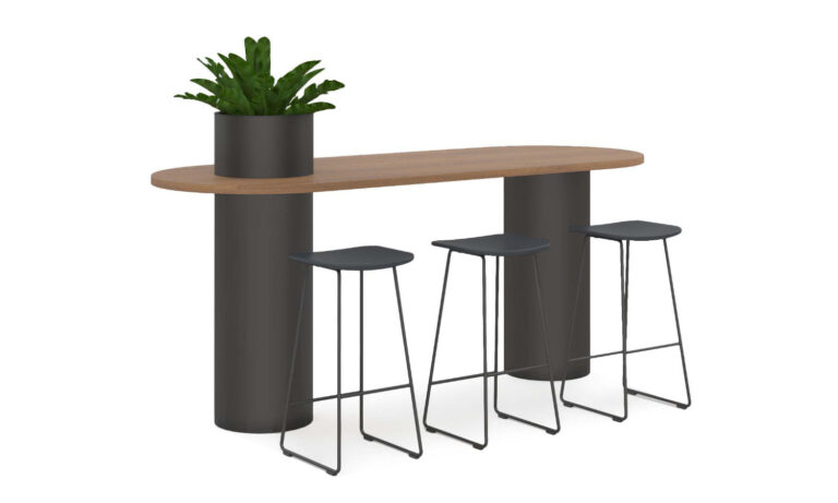 3/4 Front of Drum collaboration table with stools