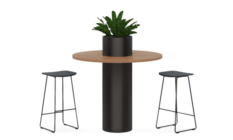 Front of Drum collaboration table with stools