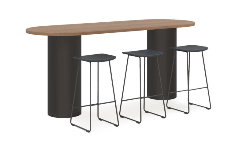 3/4 Front of Drum collaboration table with stools