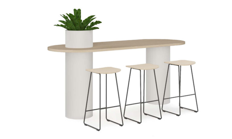 3/4 Front of Drum collaboration table with stools