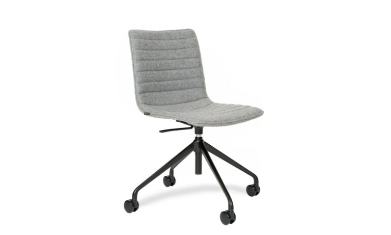 3/4 side front view of a grey Paige fabric swivel executive meeting chair, without arm rest