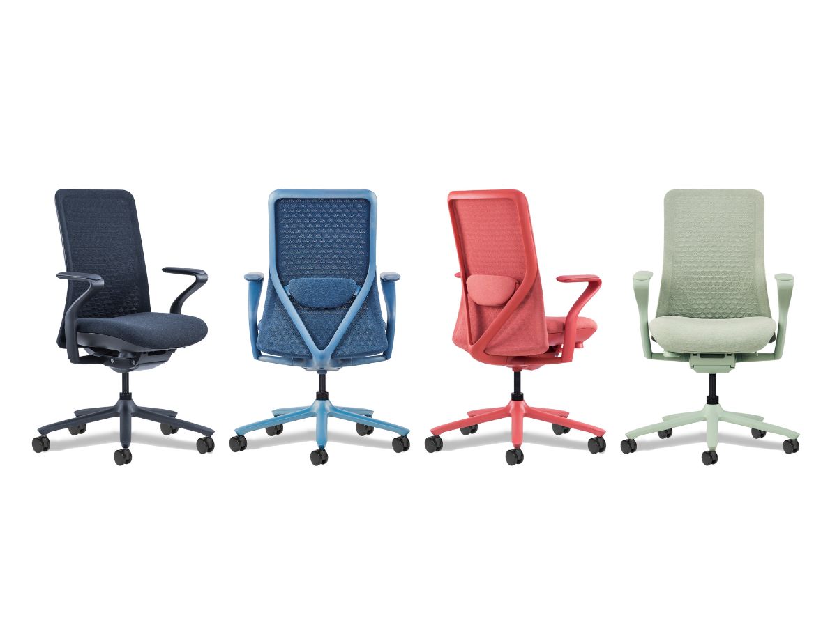 Poly task seats in colors black, blue, red, and green