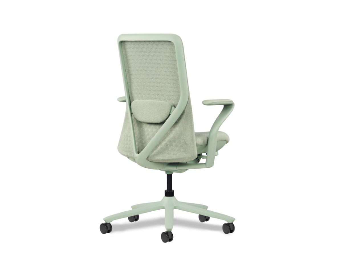 Back of a Green Poly task seat facing 3/4 to the right