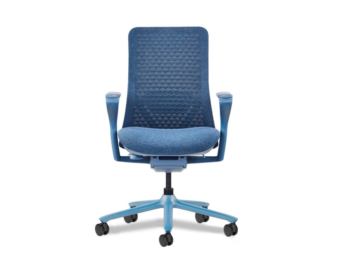 Front of a Blue Poly task seat