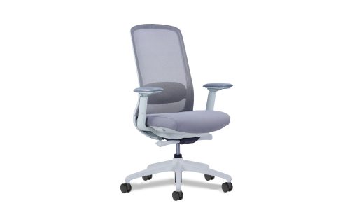 Back of a Grey Stellar task seat with arm rest facing 3/4 to the right